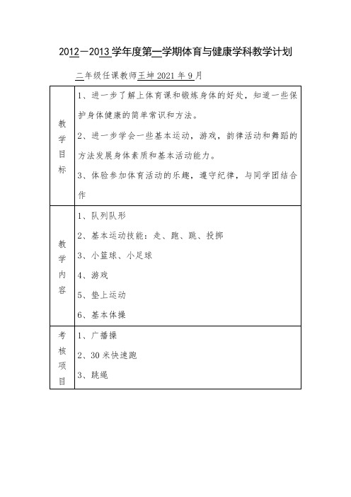 2012－2013学年度第一学期体育与健康学科教学计划