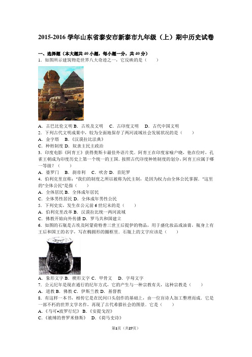 山东省泰安市新泰市2016届九年级(上)期中历史试卷(解析版).