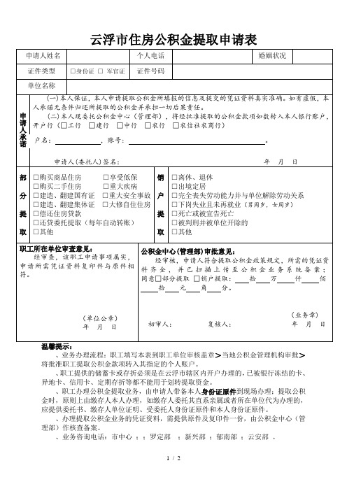 云浮市住房公积金提取申请表