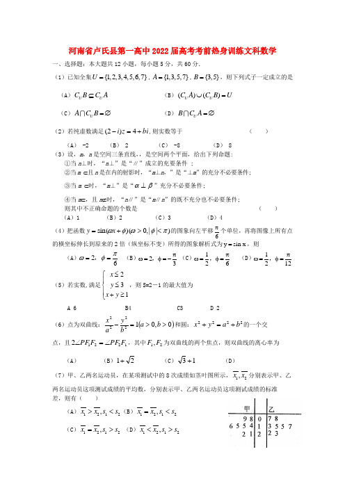 河南省卢氏县第一高中2022届高考数学考前热身训练模拟押题 文