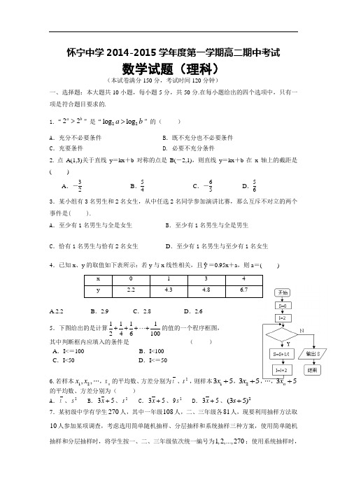 怀宁中学20142015学年度第一学期高二期中考试数学试题(理科)