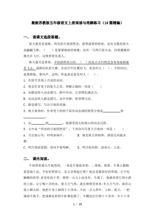 最新苏教版五年级语文上册阅读与理解练习(10篇精编)