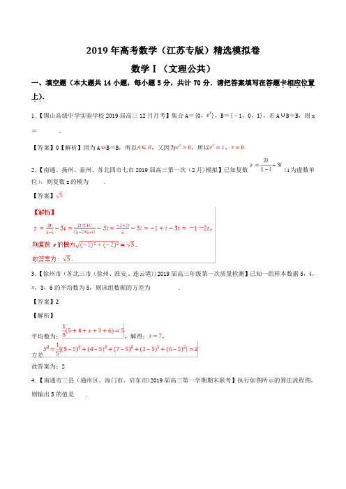 2019年高考数学(江苏专版)精选模拟卷4含答案(详细解析版)