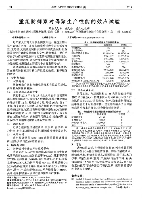 重组防御素对母猪生产性能的效应试验