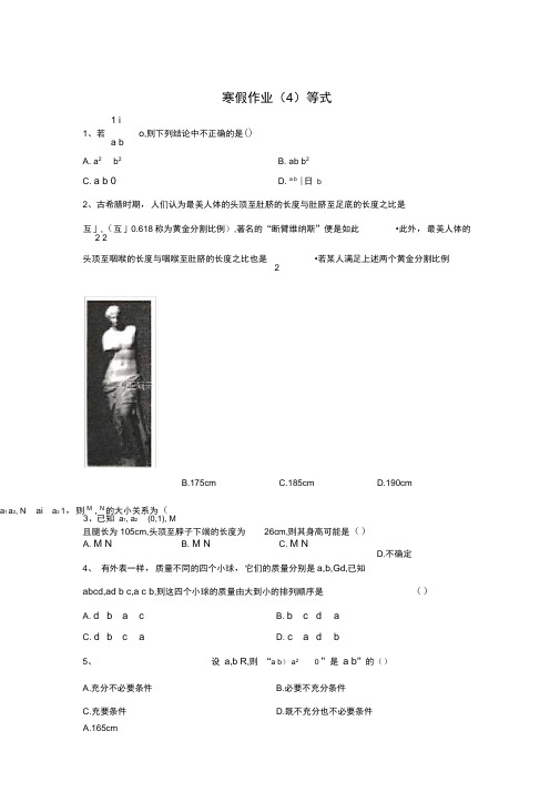 2019-2020学年人教B版(2019)高一数学寒假作业：(4)等式
