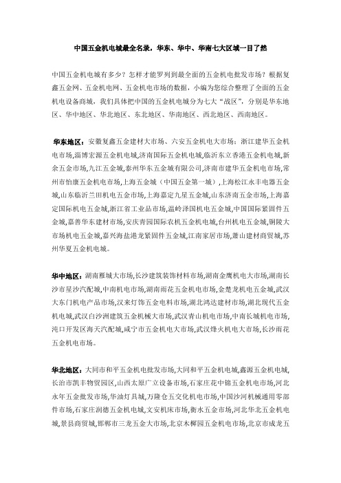 中国五金机电城最全名录,华东、华中、华南七大区域一目了然