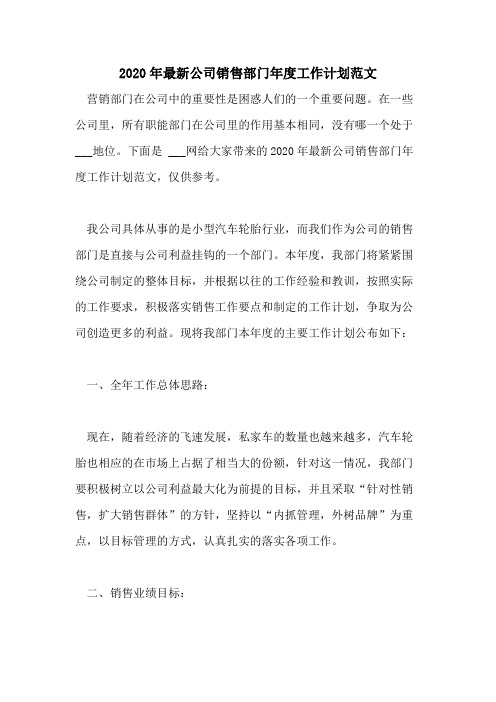 2020年最新公司销售部门年度工作计划范文