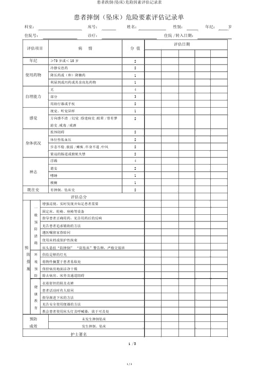 患者跌倒(坠床)危险因素评估记录表