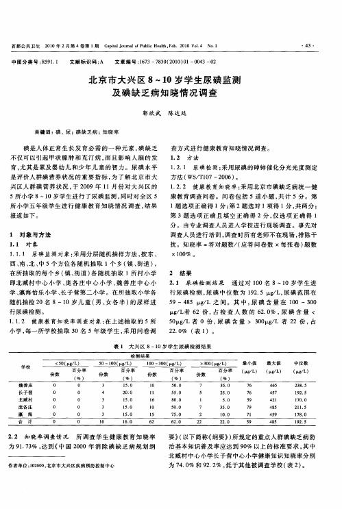 北京市大兴区8—10岁学生尿碘监测及碘缺乏病知晓情况调查