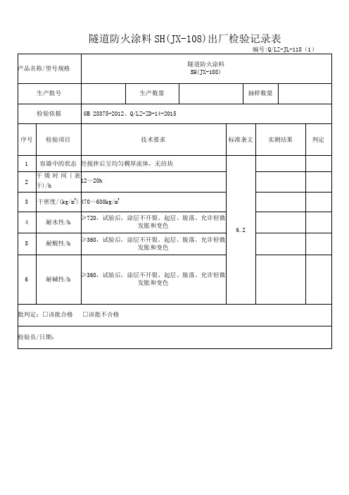118隧道防火涂料出厂检验记录表