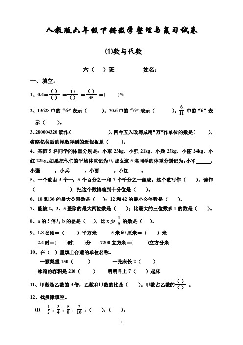 人教版六年级数学下册第6单元整理与复习《数与代数》测试卷-精选