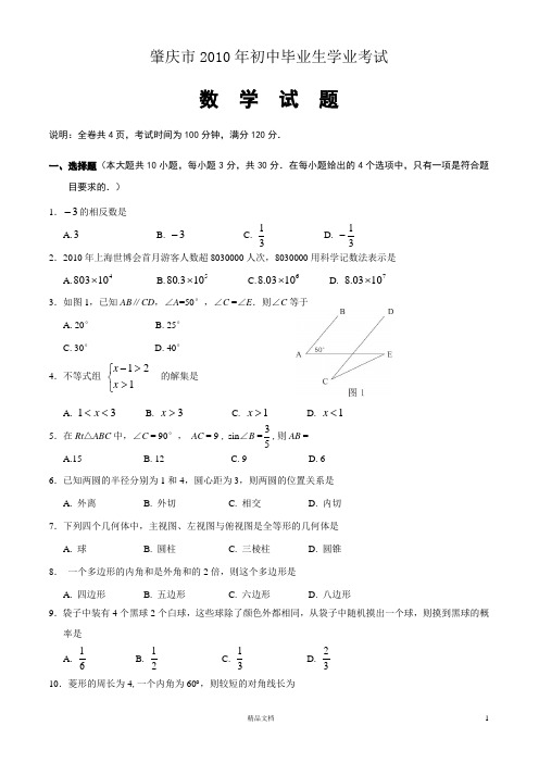 【2010年】肇庆市中考数学真题及答案