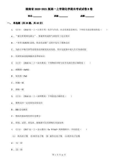 湖南省2020-2021版高一上学期化学期末考试试卷B卷