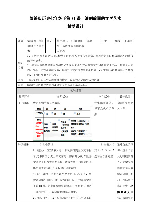 部编版历史七年级下第21课清朝前期的文学艺术教学设计
