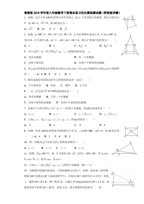 鲁教版2019学年度八年级数学下册期末模拟测试题(附答案详解)
