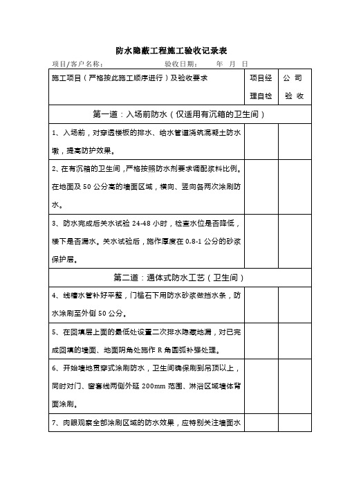 防水隐蔽工程施工验收记录表