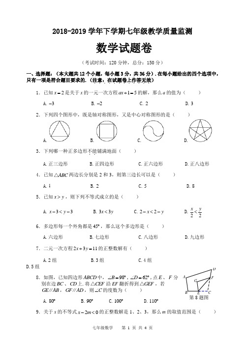 2018-2019学年下学期七年级教学质量监测数学试题卷