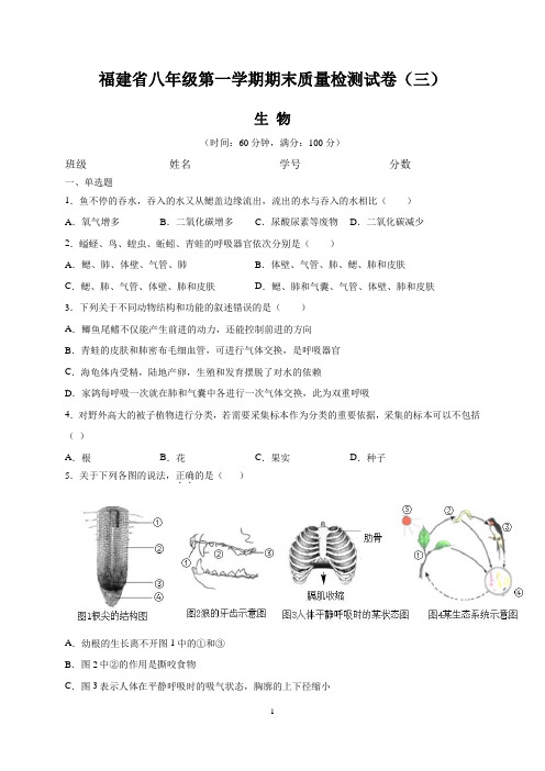 福建省八年级生物第一学期期末质量检测试卷(三)含答案与解析
