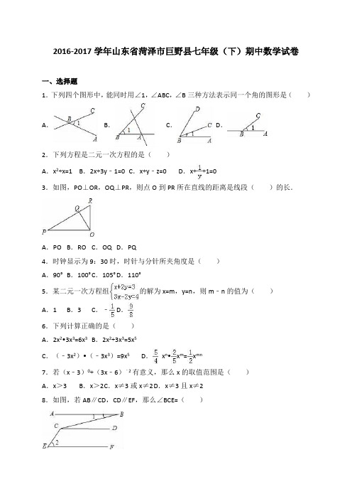 山东省菏泽市巨野县2016-2017学年七年级(下)期中数学试卷(解析版)