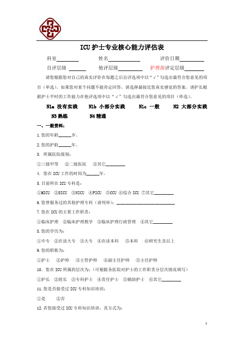 ICU护士专业核心能力评估表