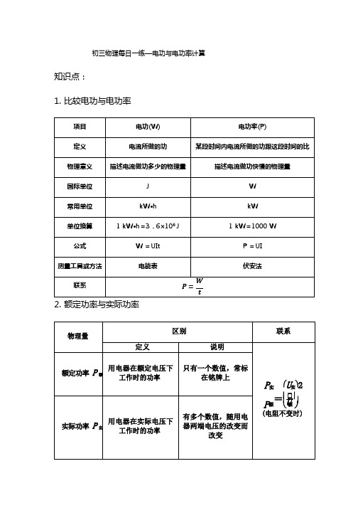 初三物理每日一练—电功与电功率计算