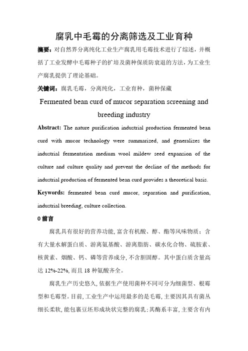 腐乳中毛霉的分离筛选及工业育种
