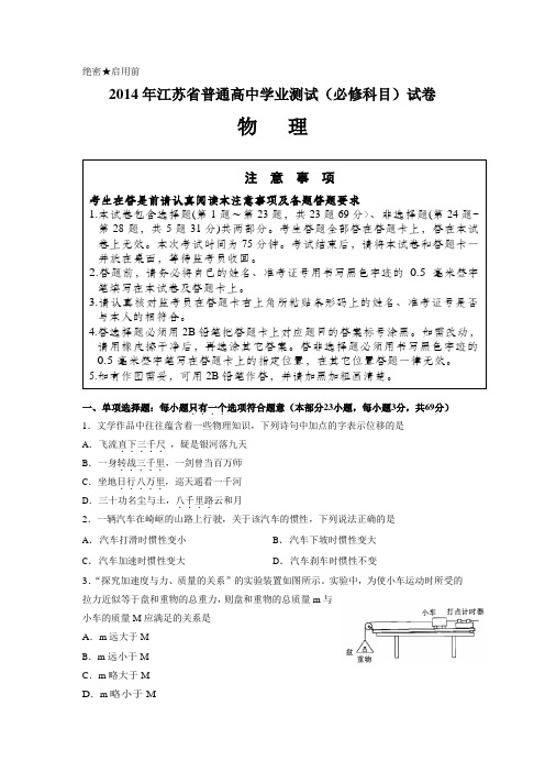 2014年江苏省普通高中学业水平测试(必修科目)物理试卷及答案