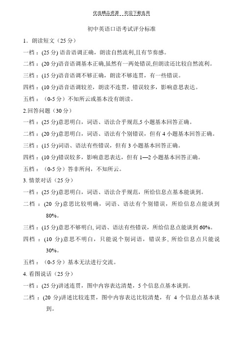 【评分标准】初中英语口语考试评分标准