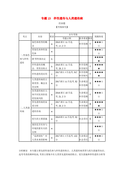 5年高考3年模拟A版浙江省2020年高考生物总复习专题13伴性遗传与人类遗传病教师用书