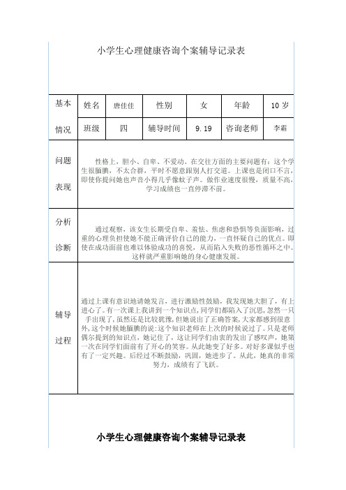 小学生心理健康咨询个案辅导记录表