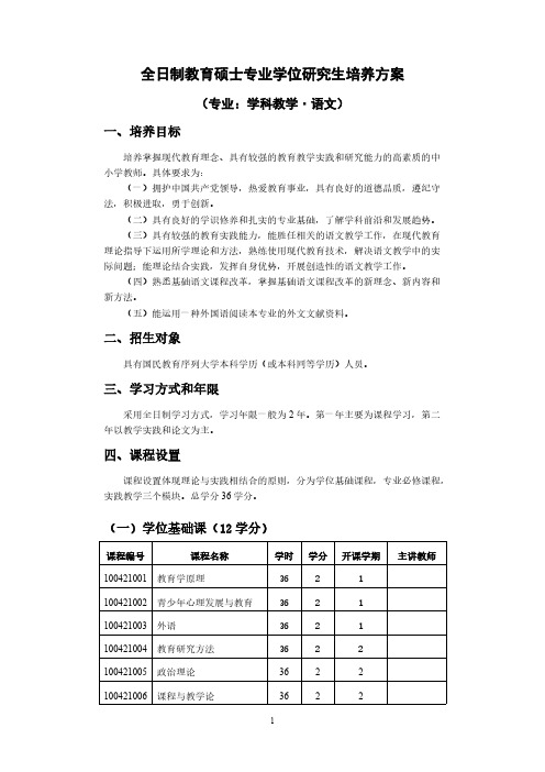 【免费下载】全日制教育硕士专业学位研究生培养方案