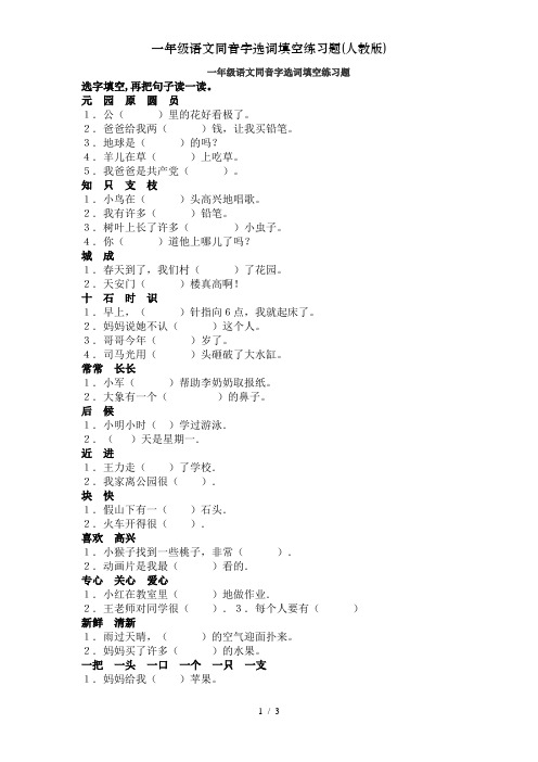 一年级语文同音字选词填空练习题(人教版)