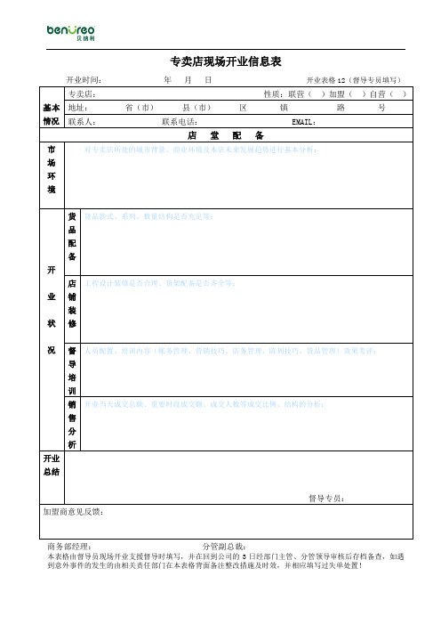服饰公司专卖店现场开业信息表