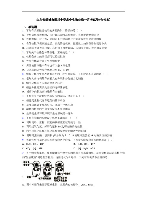 山东省淄博市淄川中学高中生物必修一月考试卷(含答案)