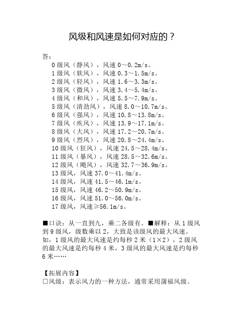 风级和风速是如何对应的