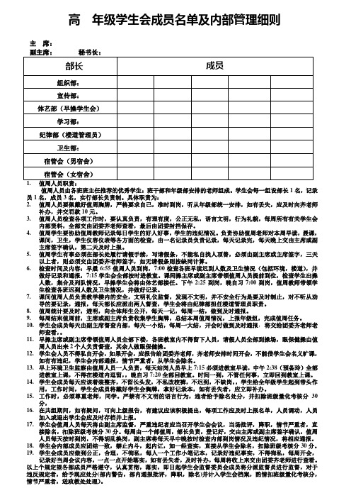 高  年级学生会成员名单及内部管理细则
