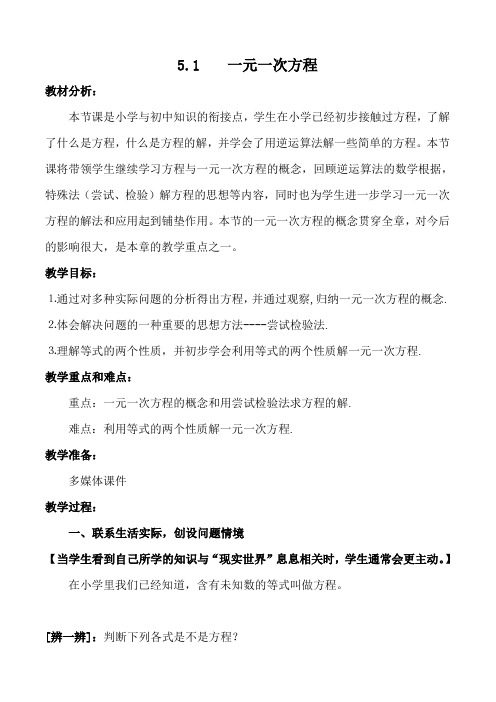 北师大版数学七上5.1《认识一元一次方程》 教案