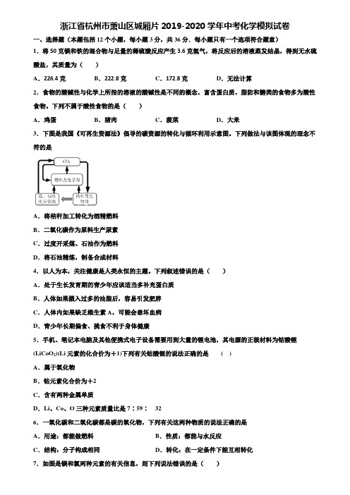 【附20套中考模拟试卷】浙江省杭州市萧山区城厢片2019-2020学年中考化学模拟试卷含解析