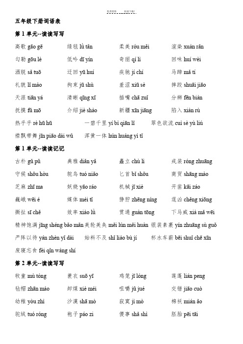 人教版小学语文五年级下册词语表(带拼音)