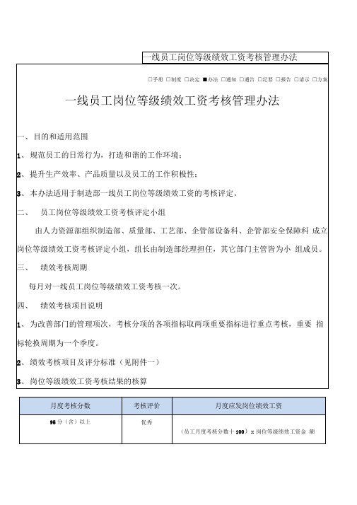 一线员工岗位等级绩效工资考核管理办法