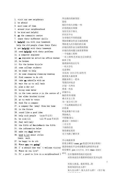 江苏省如皋市石庄初中七年级英语下册《Unit 2 Neighbours》 重点短语和句型素材 牛津版