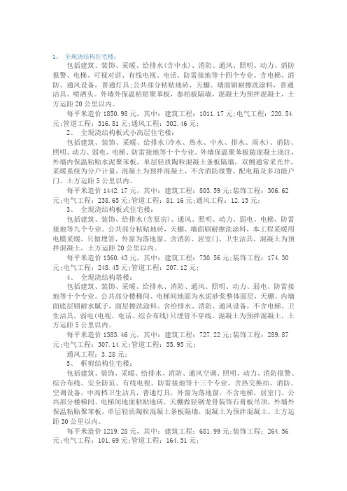 工程造价平米汇总表