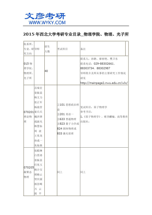 2015年西北大学考研专业目录_物理学院、物理所、光子所