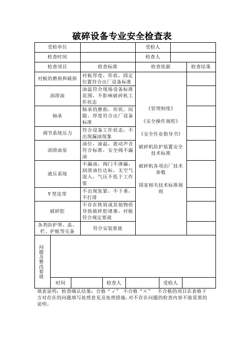 破碎设备专业安全检查表