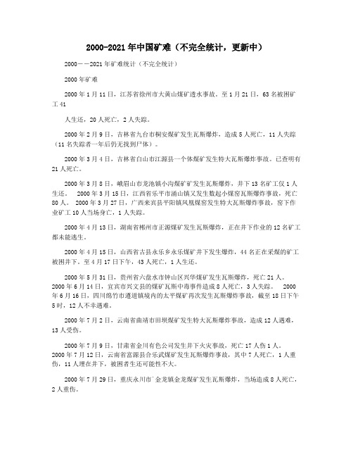 2000-2021年中国矿难(不完全统计,更新中)