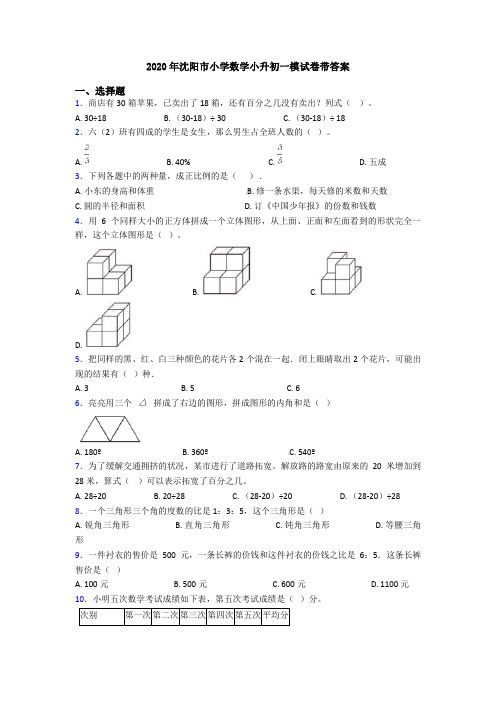 2020年沈阳市小学数学小升初一模试卷带答案