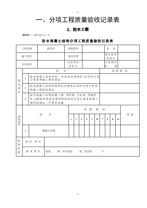 人民防空工程质量检验评定标准表格(RFJ01-2002)