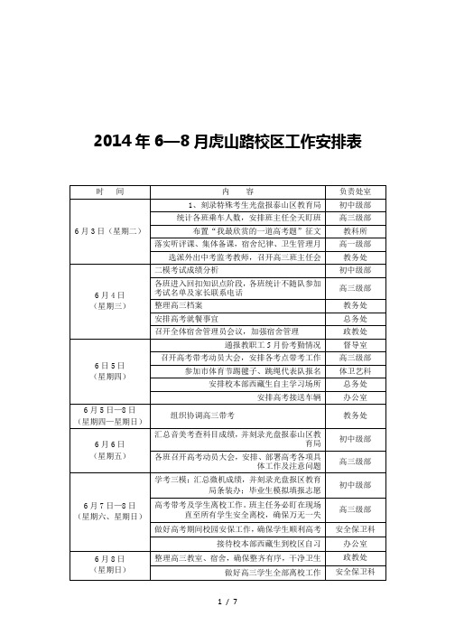 2014年6—8月虎山路校区工作安排表