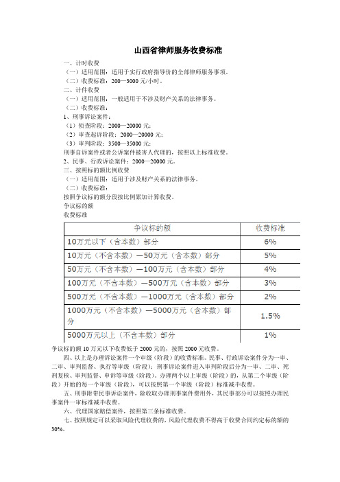 山西省律师服务收费标准