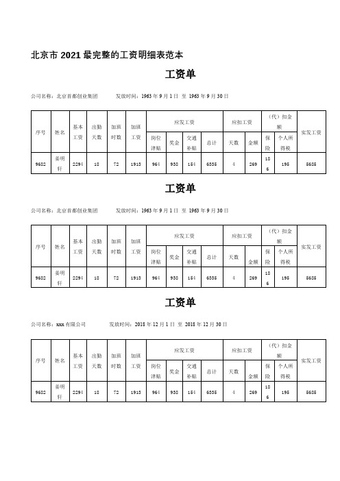 北京市2021最完整的工资明细表范本